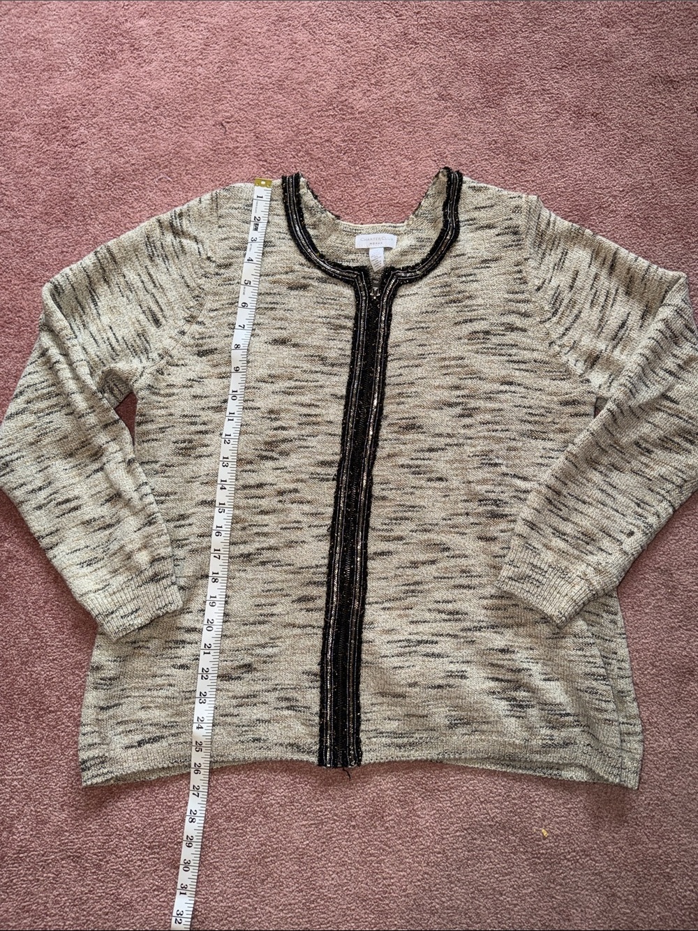 Charter Club Marled Oatmeal Cardigan with Black Trim